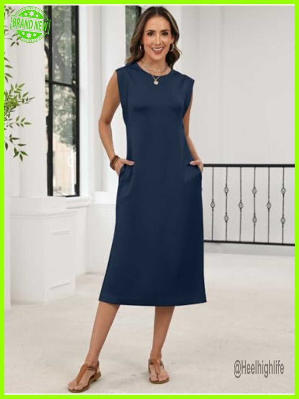 Sleeveless Crewneck Midi Dress Side Pockets Wrinkle-Free Beach Travel - Picture 2 of 7